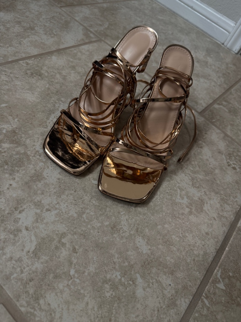 Metallic Rose Gold Strappy Women’s Heeled Sandals